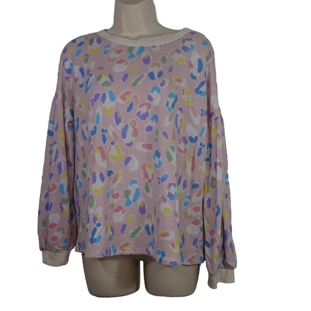 Hailey and Co Pastel Print Long Sleeve Sweatshirt Women Size M French Terry FLAW